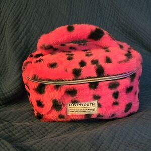 Pink and Black Faux Fur Makeup Bag, NWOT